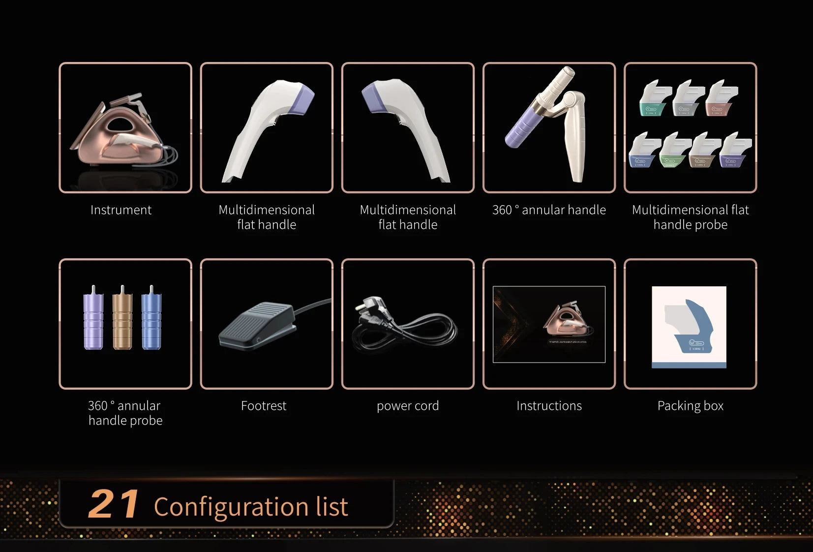 12D facial lift machine parts list including handles, probes, footrest, and power cord for skin firming rejuvenation.