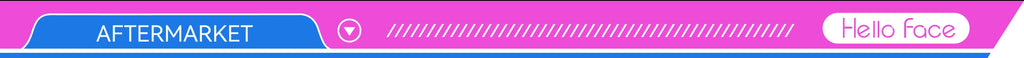 A vibrant pink and blue horizontal banner displaying the text "AFTERMARKET" and the "Hello Face" brand logo.