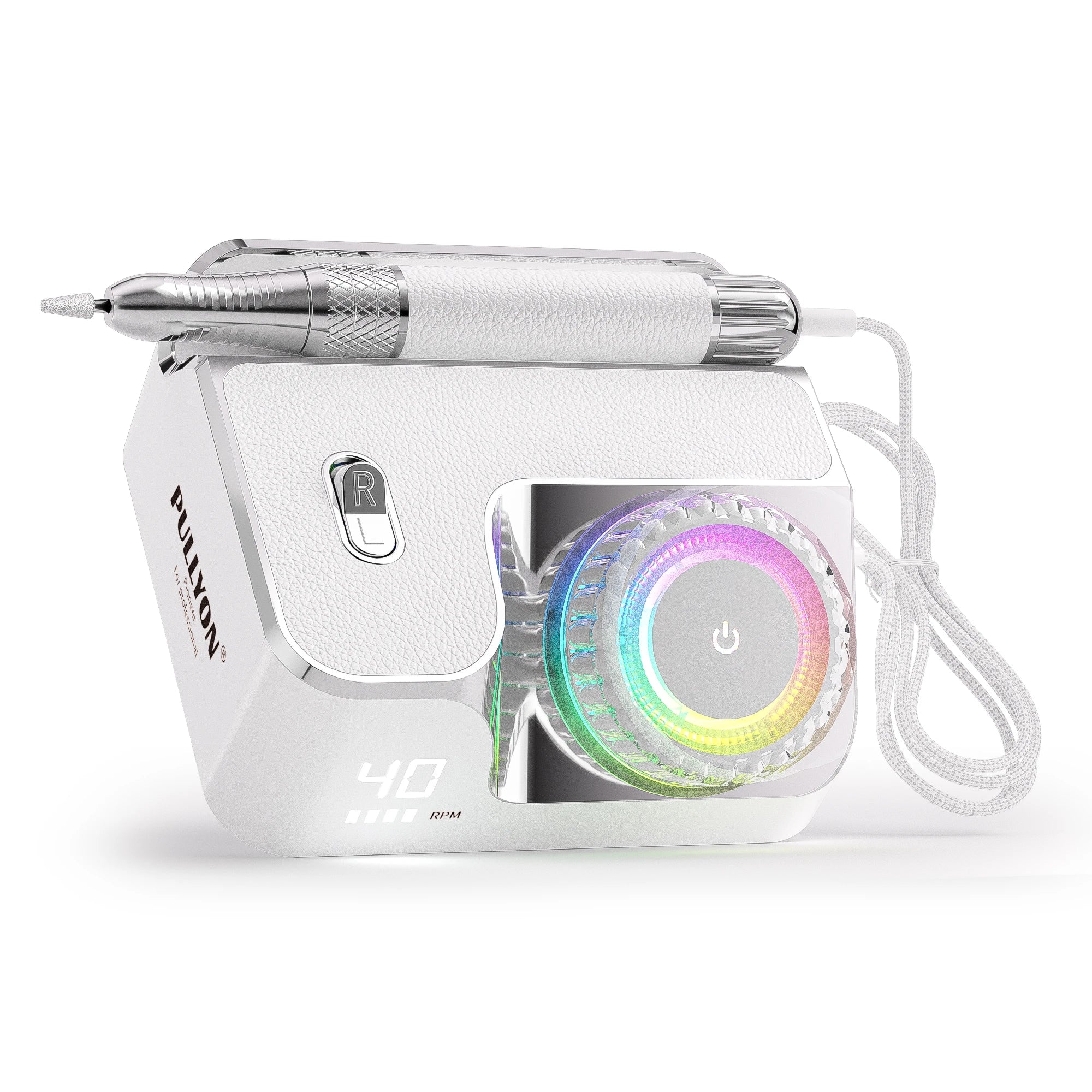 White 40000RPM rechargeable electric nail drill for manicure and pedicure with LED light and digital display.