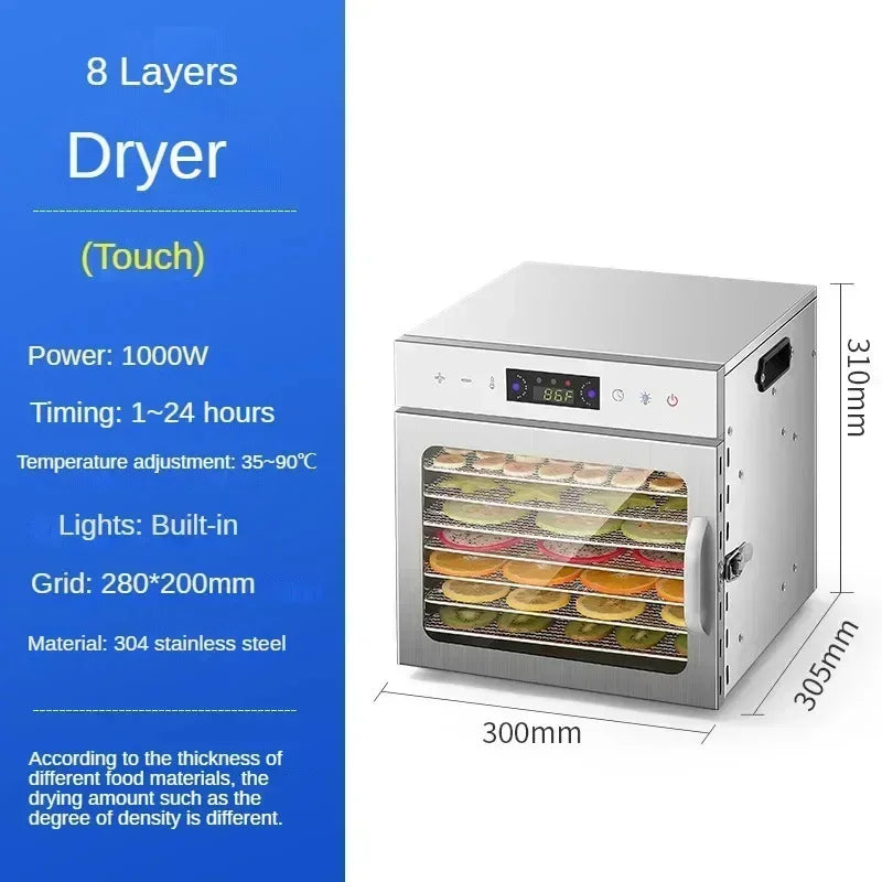 8-tray stainless steel food dehydrator with touch control panel and drying fruit slices