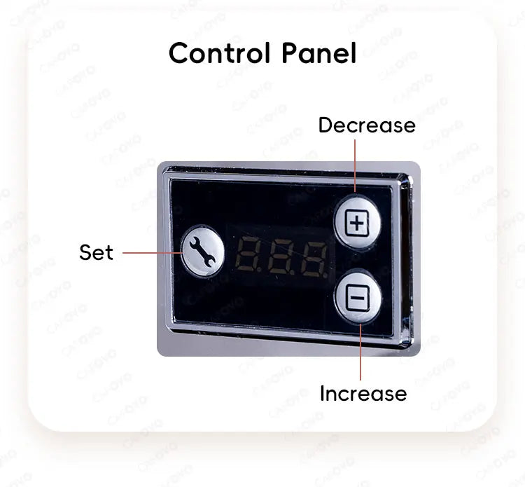 Capovo coffee machine digital control panel with set, increase, and decrease buttons on a sleek black and chrome display.