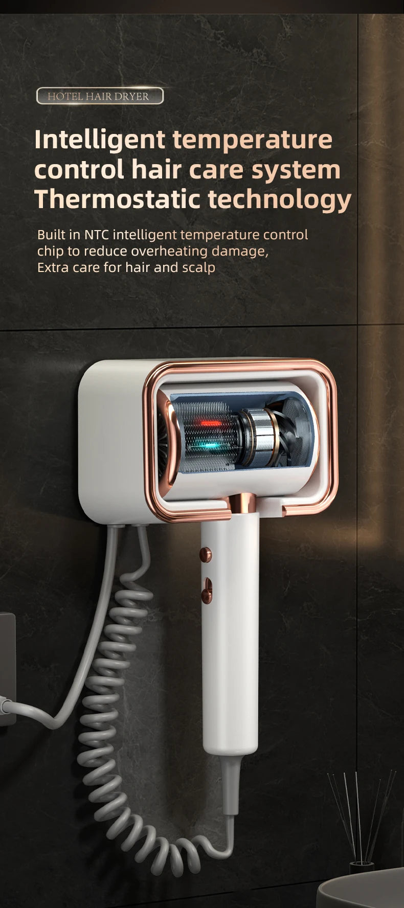 Wall-mounted 1300W white and rose gold negative ion hair dryer with coiled cord for hotel or home bathroom use.