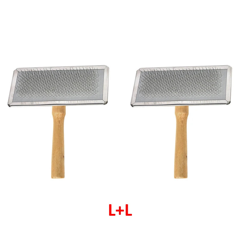Two pet grooming brushes with wooden handles for removing cat and dog hair from pets and clothing lint.