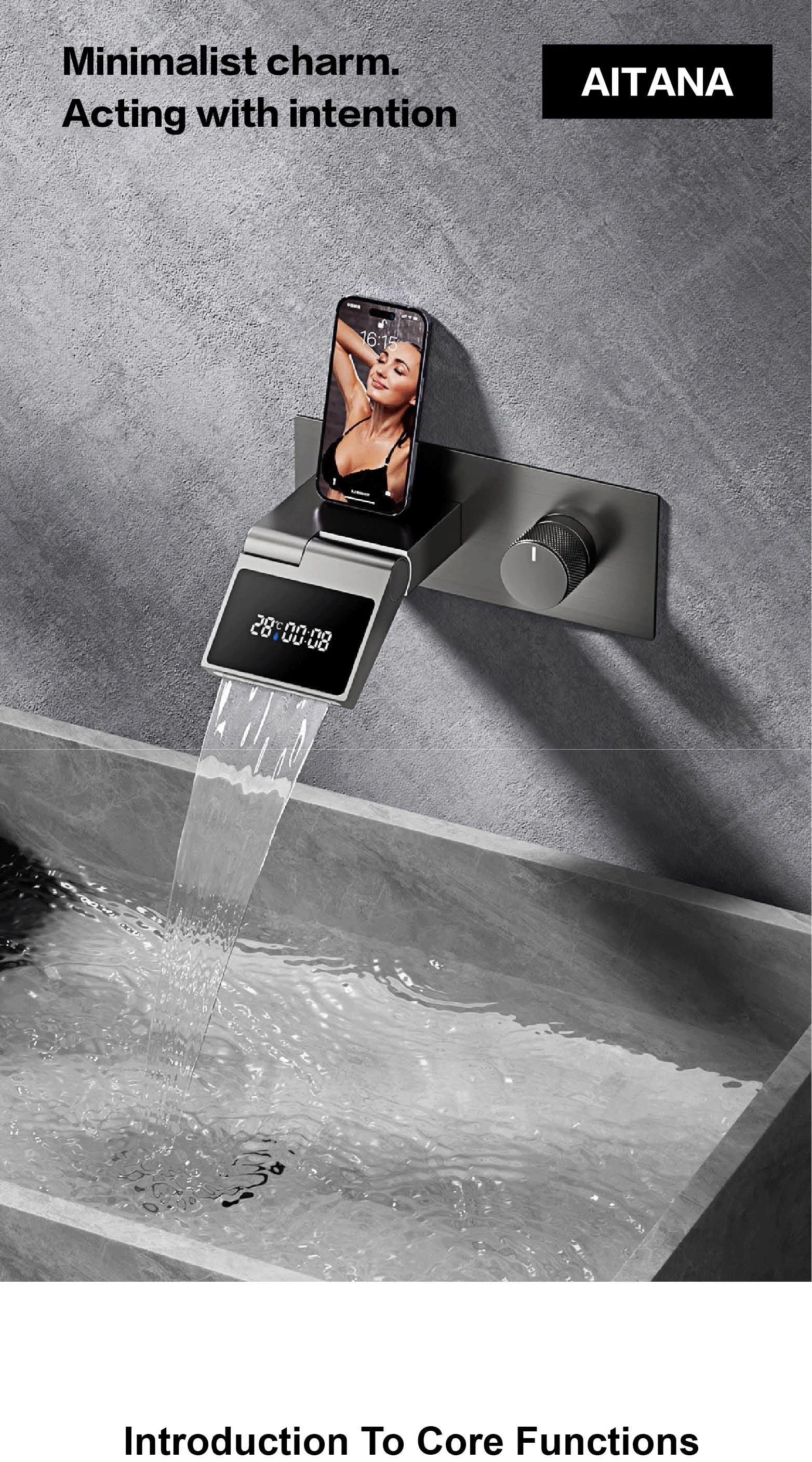Luxury Gun Gray Brass Wall Mounted Bathroom Faucet with LED Digital Display Single Handle Hot & Cold Water Embedded Bathroom Tap