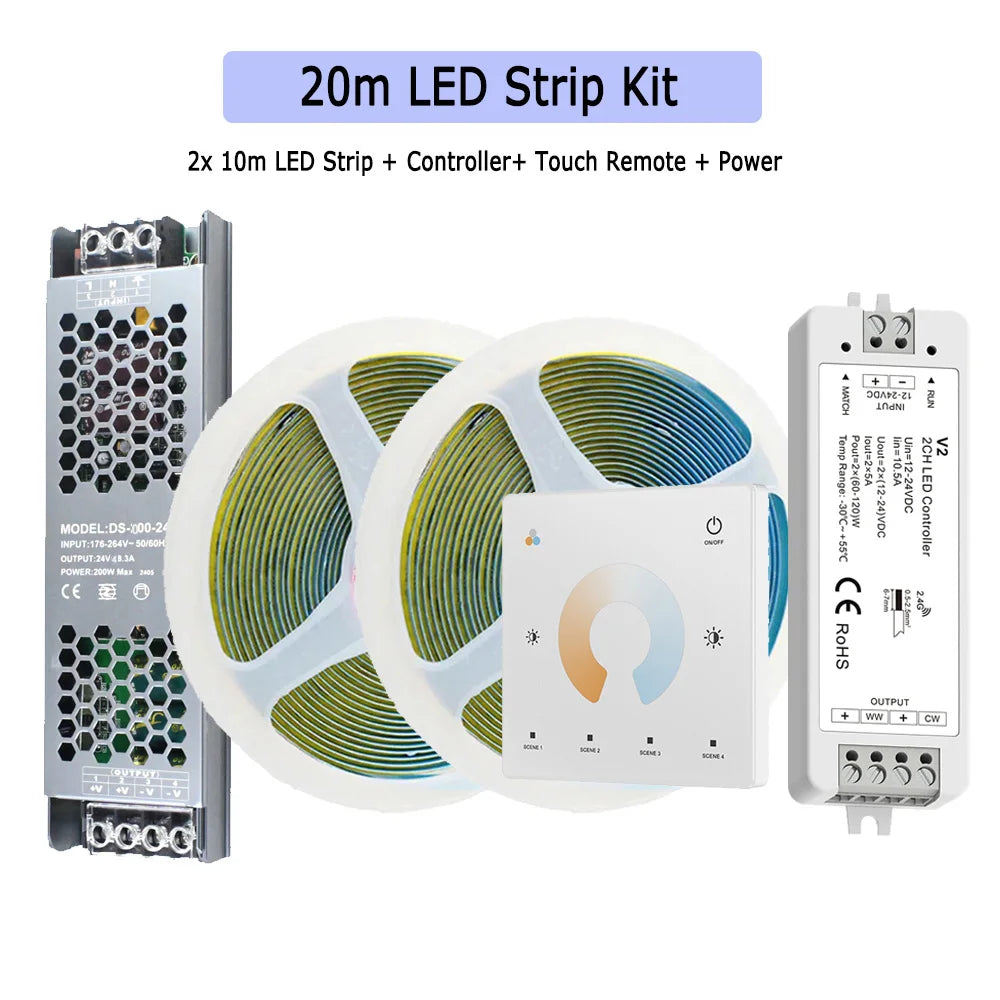 20m flexible dual-white LED strip kit with two 10m strips, controller, touch remote, and power supply