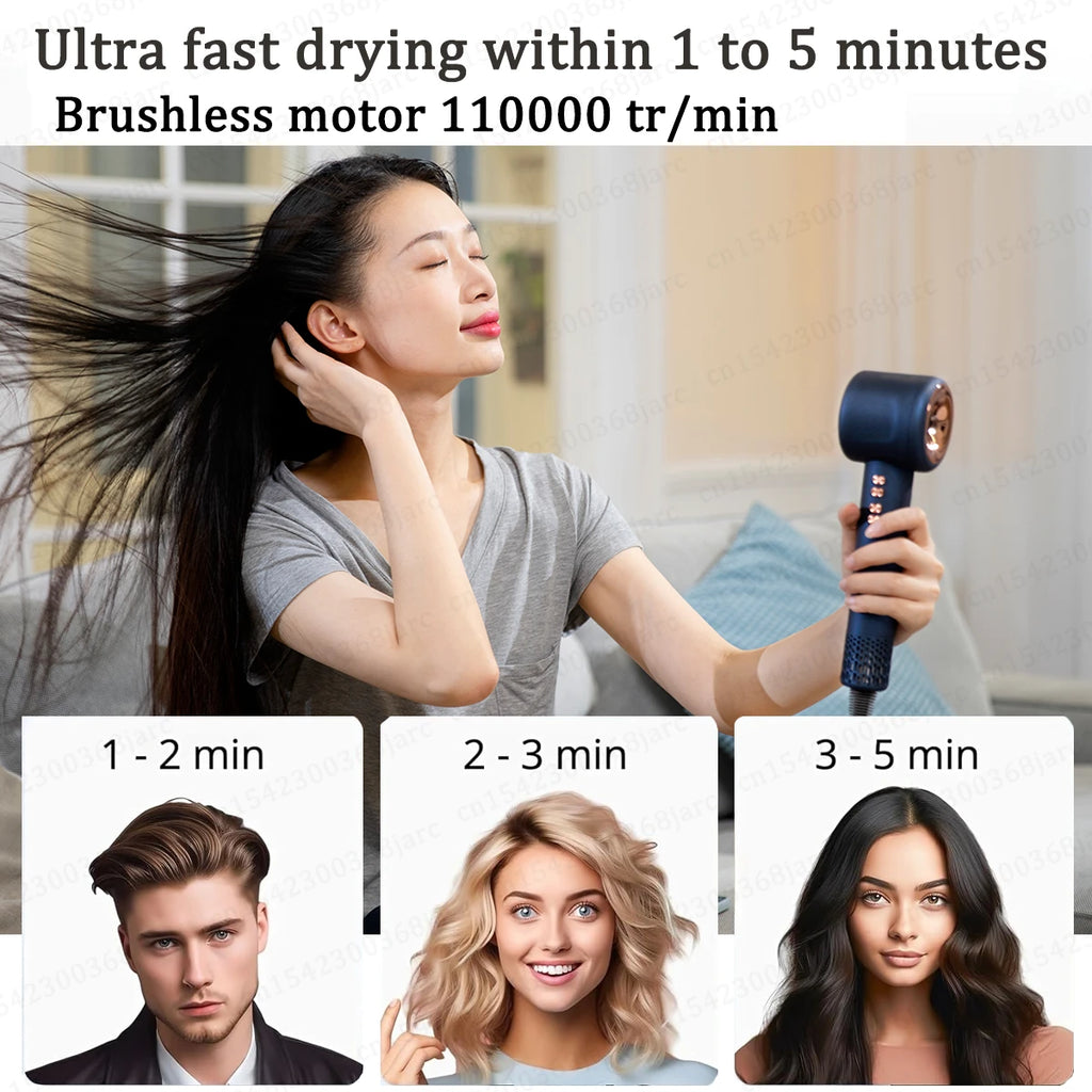 Blue leafless negative ion hair dryer with 110,000 RPM brushless motor for fast, professional hair styling.