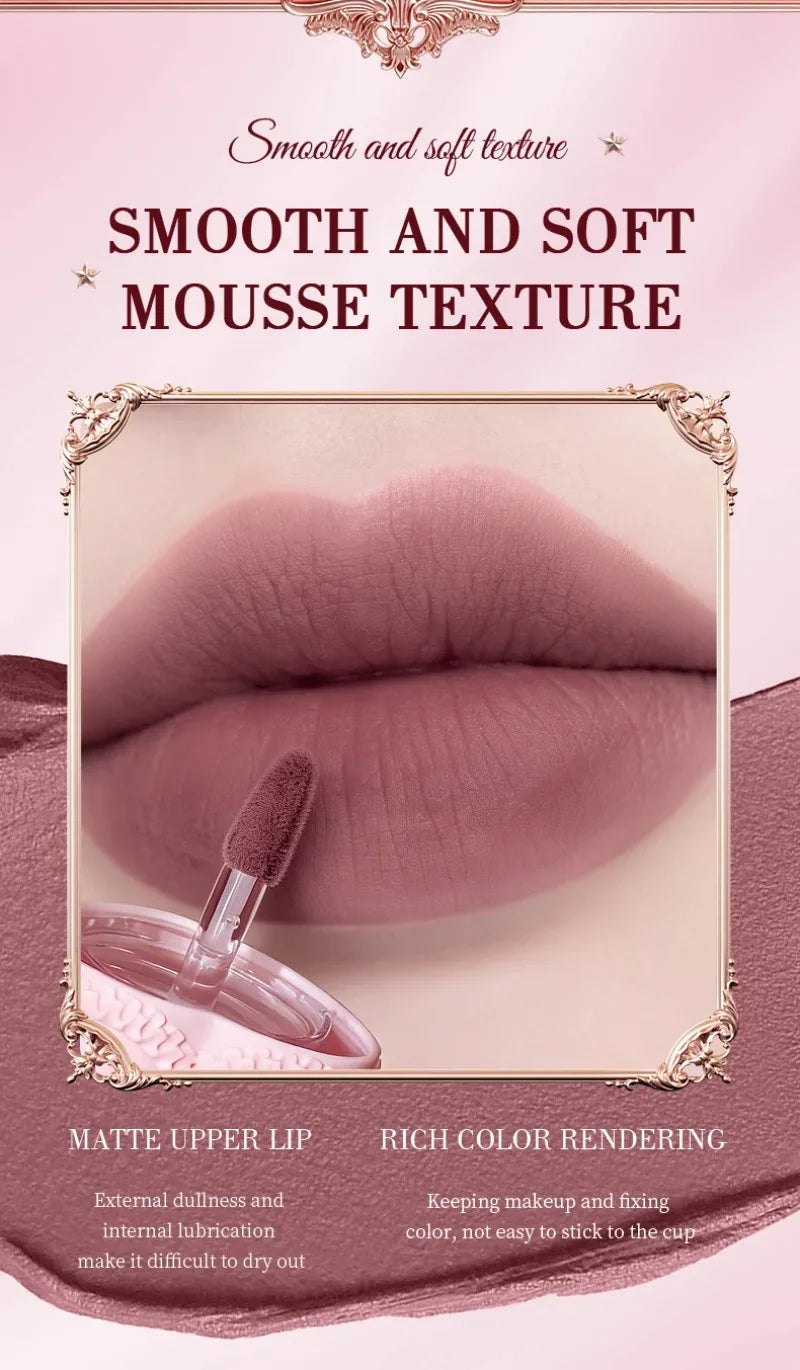 Matte velvet mousse lip mud with soft-focus finish, featuring a highly pigmented mauve shade on lips and an applicator.