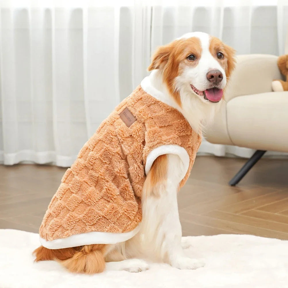 Warm, tan fleece dog sweater vest for winter, available in sizes S-8XL for large to small pets.