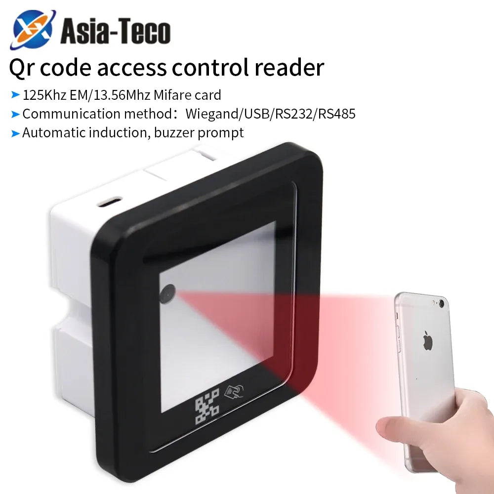Black QR code access card reader with front scanning window and white mounting base.