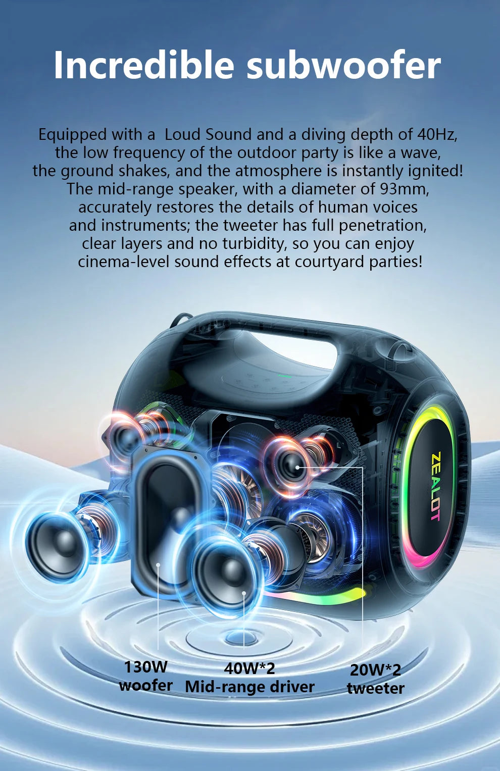 ZEALOT-ZE21 400W Big Power Wireless Bluetooth Peaker Outdoor Portable 48000mAh Long Battery With RGB Color Lights TWS Subwoofer High Volume Waterproof Bluetooth Speaker