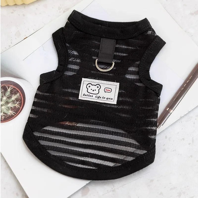 Breathable black mesh cooling vest for small dogs with bear patch, perfect for summer comfort and style.