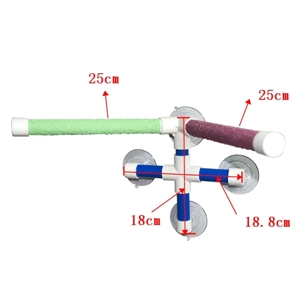 Dual-stick bird shower perch with suction cups and paw-grinding texture for parrots, measuring 25cm and 18cm.