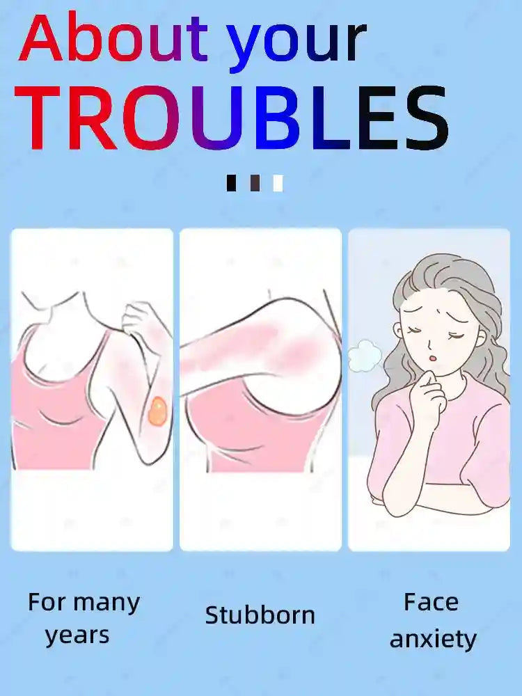 Illustrations of skin issues including localized spots, redness, and a woman looking anxious about facial skin.