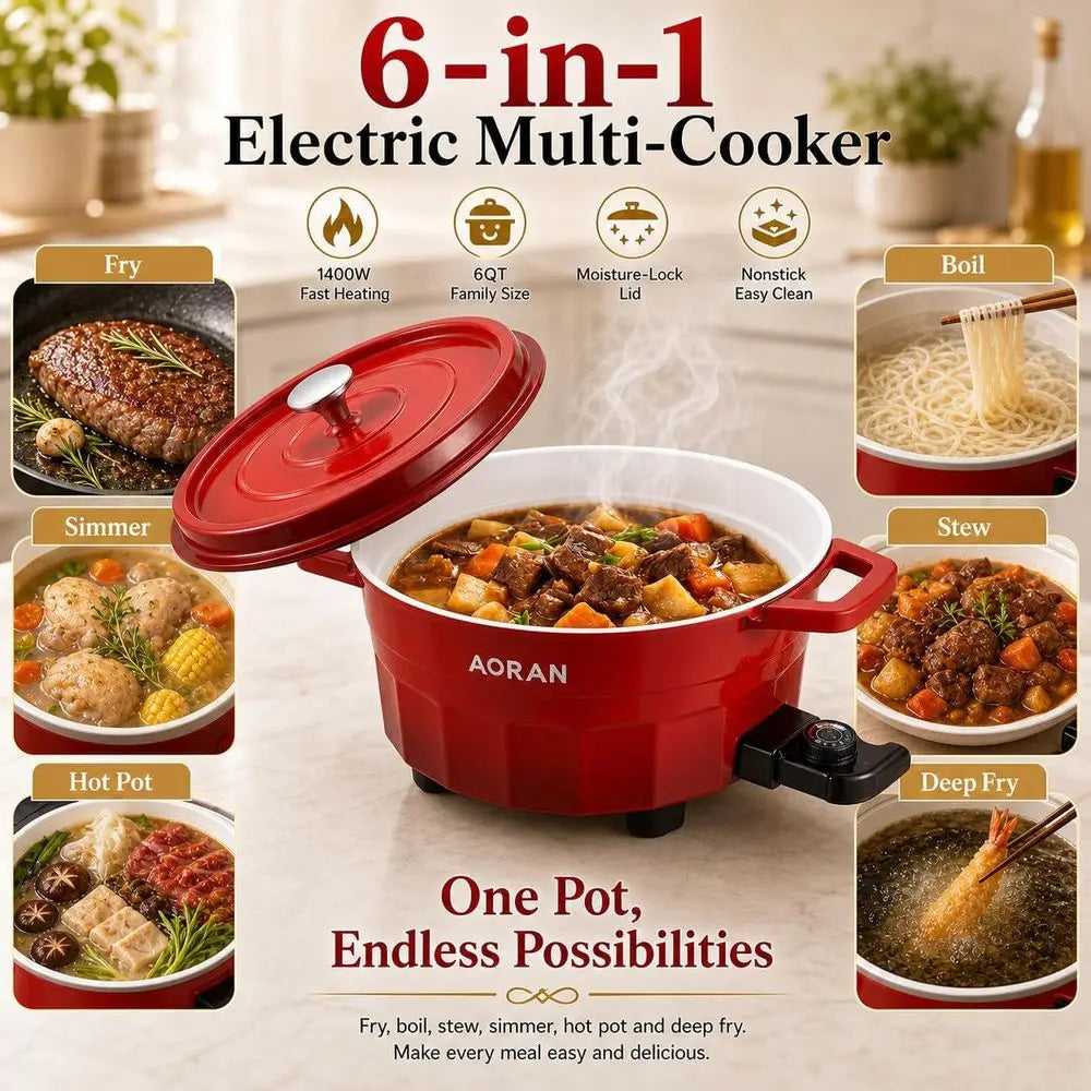 Red electric multi-cooker with lid and base, filled with simmering food