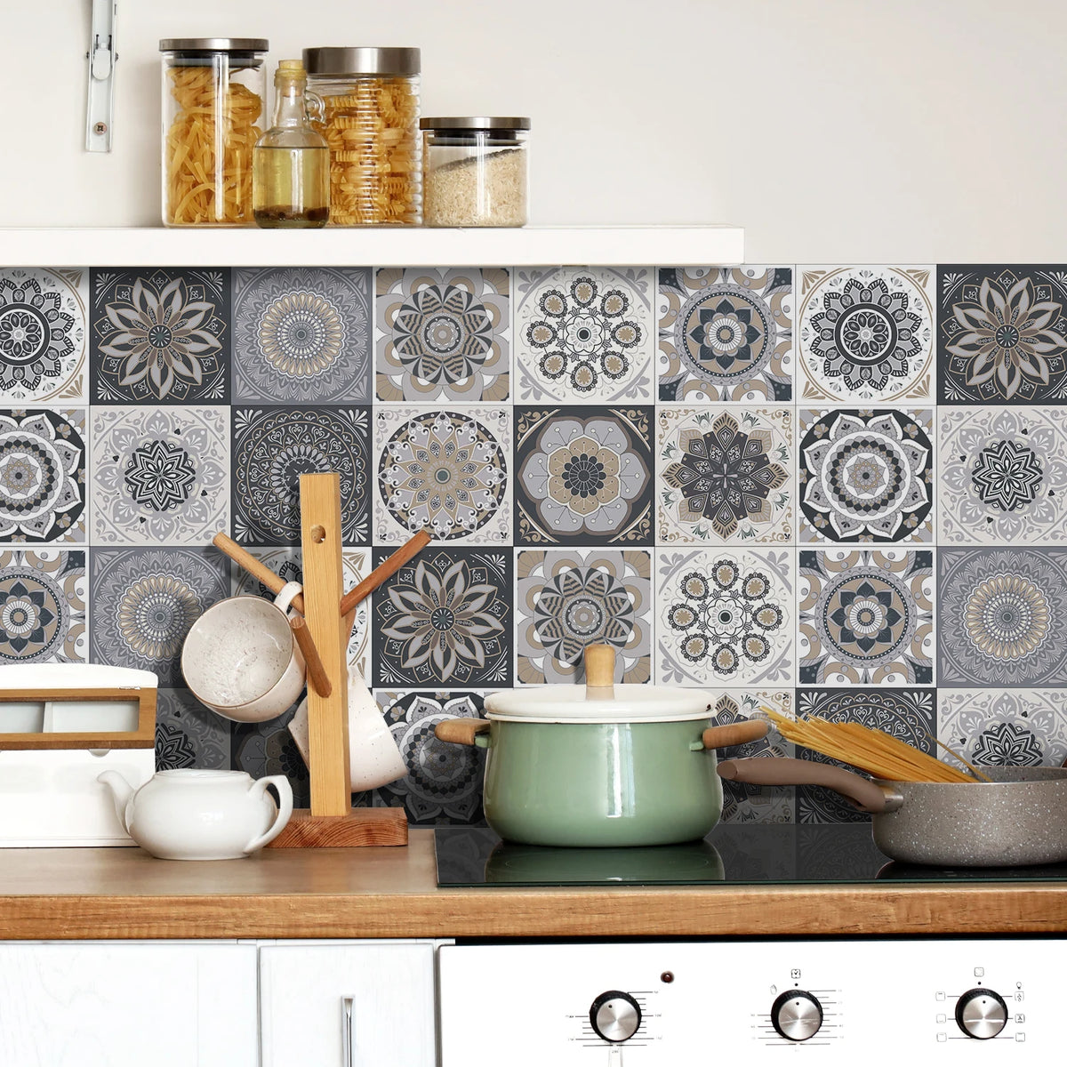Gray tile-pattern self-adhesive wallpaper with monochrome mandala medallion tiles