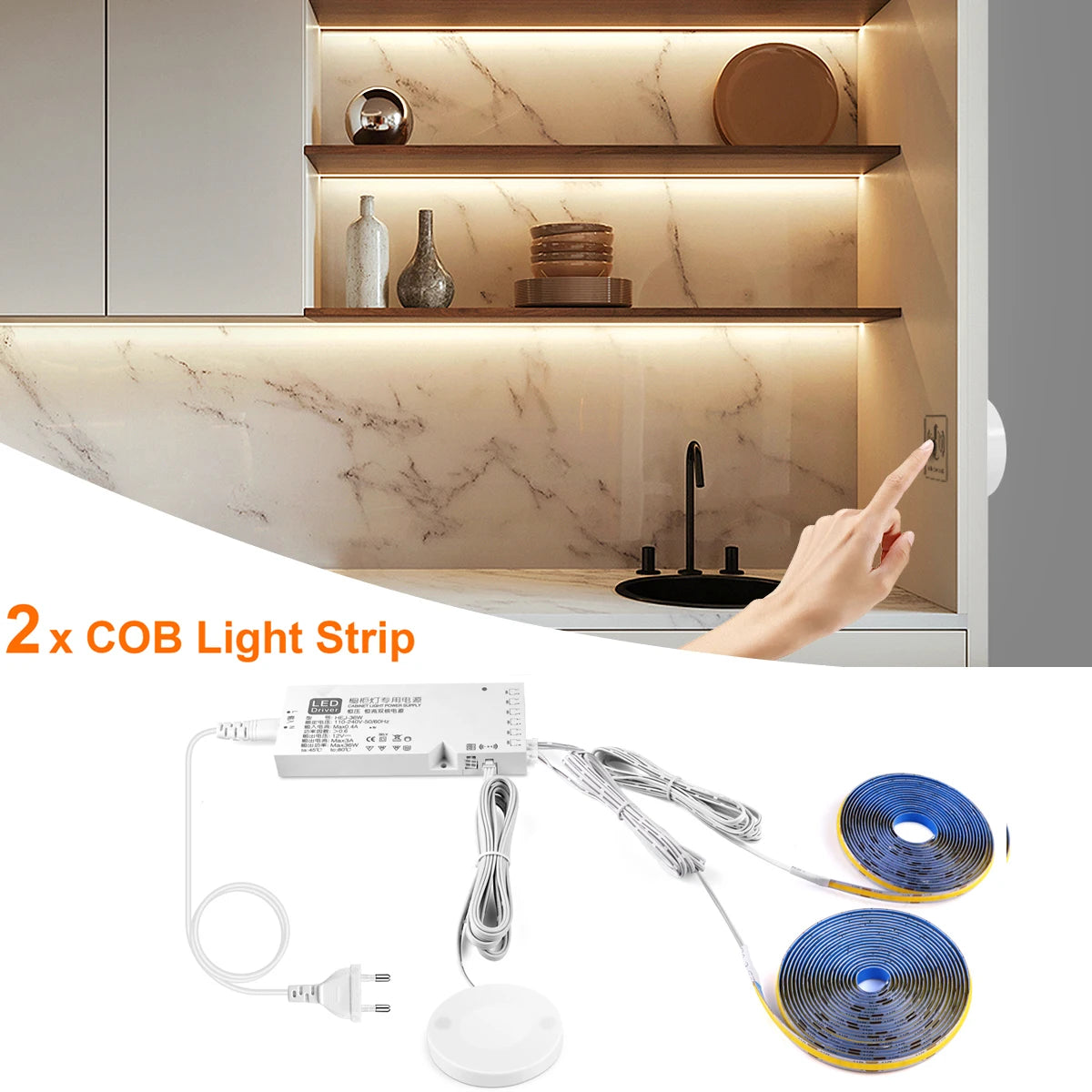 Under-cabinet COB LED strip kit with controller, wires, and blue LED reels