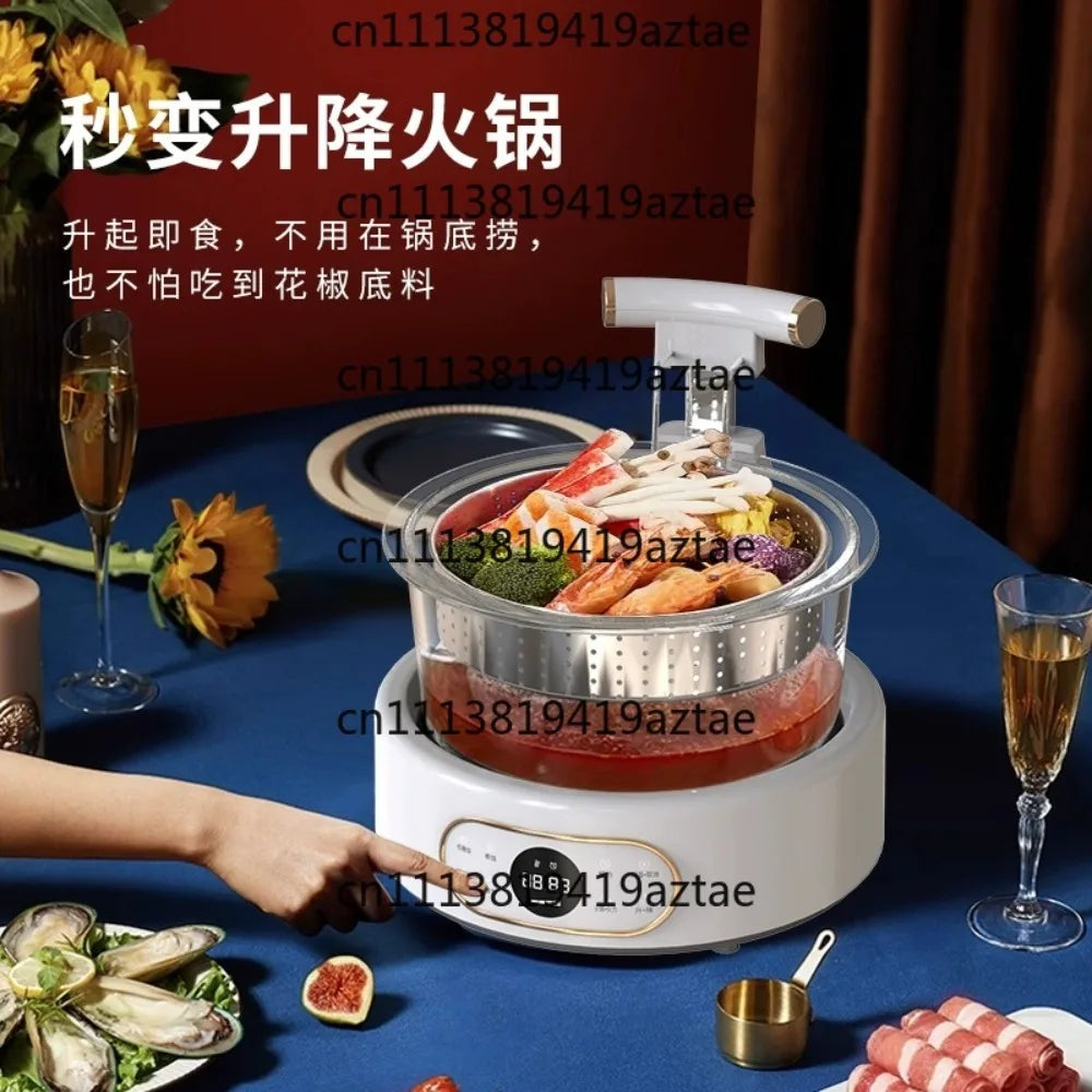 White electric multi cooker with stainless steamer basket and clear lid, steaming setup