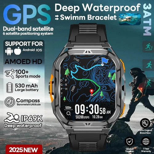 2025 GPS Smart Watch for men with sleep tracker, 1.96-inch AMOLED display, compass, and 5ATM waterproof rating.