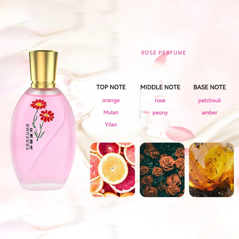 Rose Perfume 50ml EDP for women. Oval pink bottle, floral fragrance with notes of rose, orange, peony, and amber.