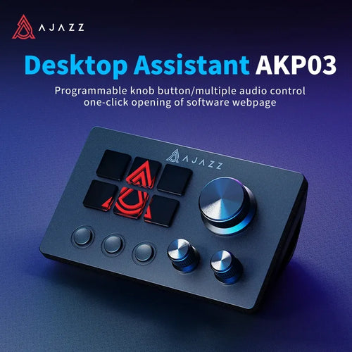 Ajazz AKP03 dark gray mini macro keyboard with customizable LCD keys, three small round buttons, and two control knobs.