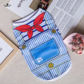 Cute blue-striped cartoon puppy vest shirt for small dogs, lightweight summer pet clothing with red bow detail.