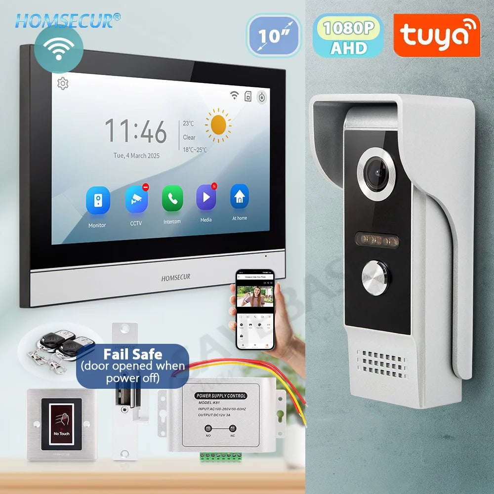 Tuya WiFi 10" Video Doorphone, With DC12V Fail Safe NC Lock, 1080P Doorbell Camera, IP65 Waterproof