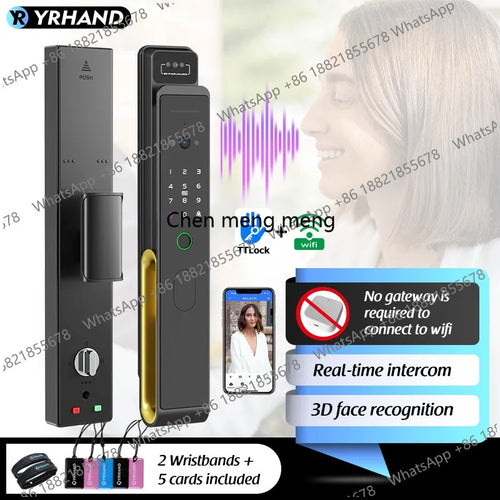 Smart door lock with keypad and camera module, gray and gold finish