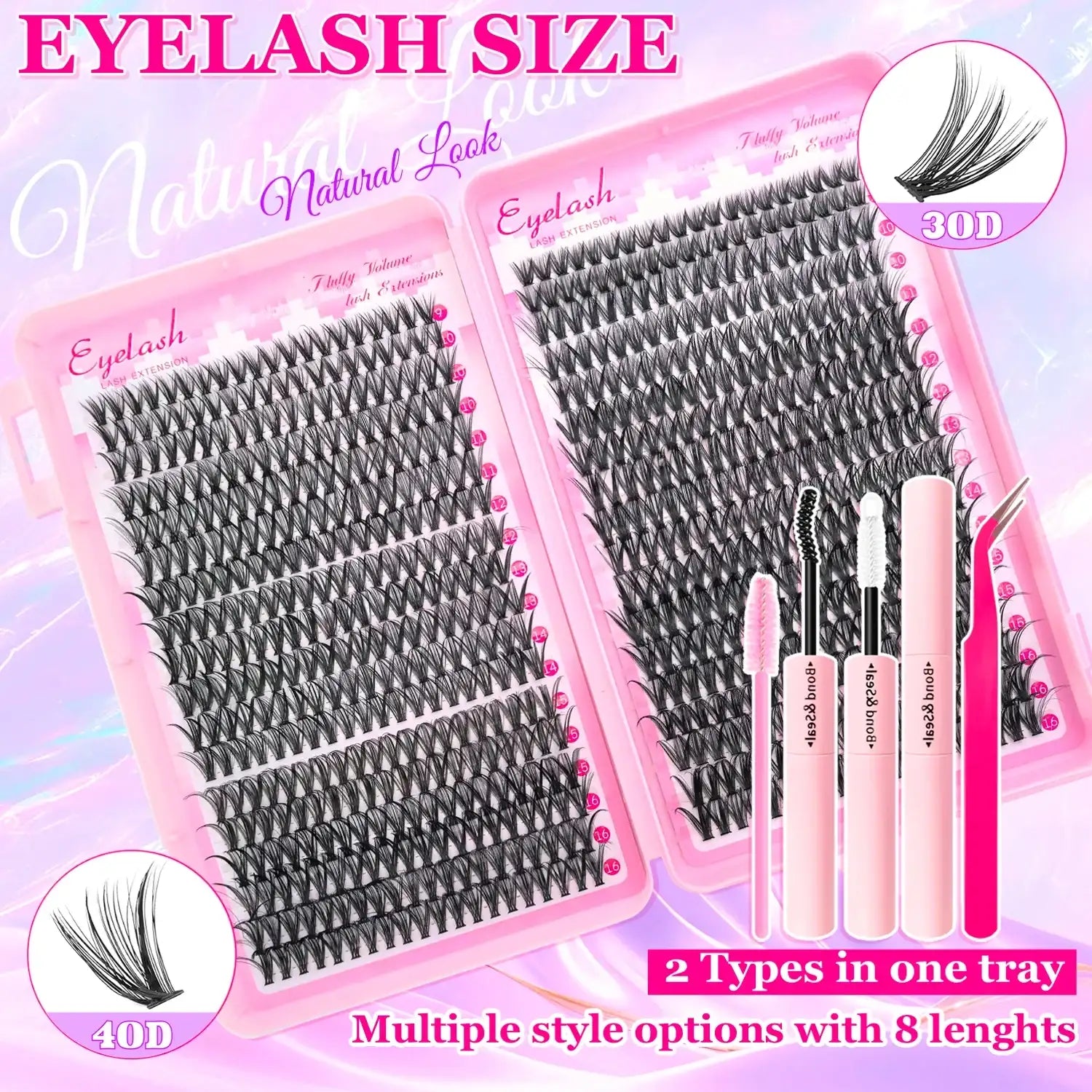 720/200pcs eyelash Extension Kit Fluffy Eyelash Extension kit with Lash Bond and Seal Lash Tweezers Thick Lash Clusters