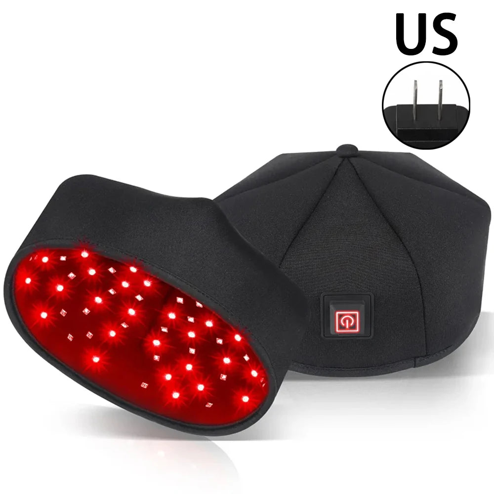 Wired red light therapy hair growth cap with 650nm LLLT diodes and US plug for hair loss treatment, black design.