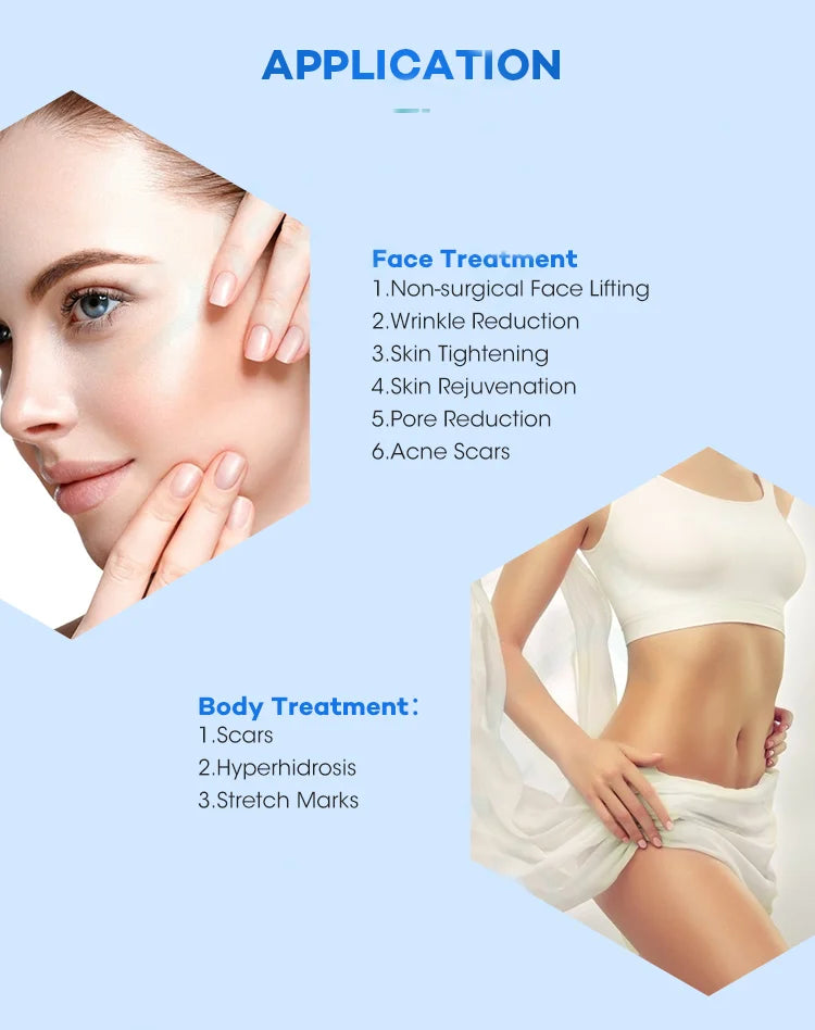 Infographic showing face and body skin treatments including lifting, wrinkle reduction, and scar management.
