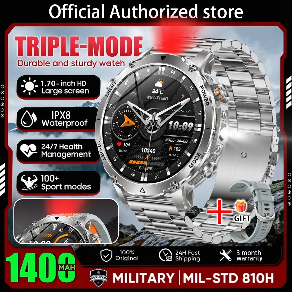 Silver steel bracelet smart watch with round case and black dial with indicators.