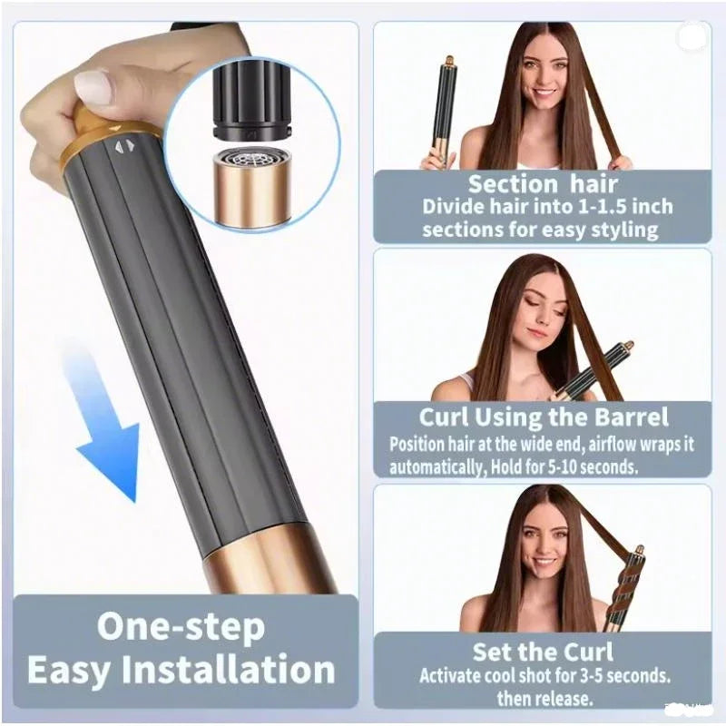 6-in-1 negative ion hair styler with grey and gold finish, featuring an easy-attach curling barrel for salon styling.