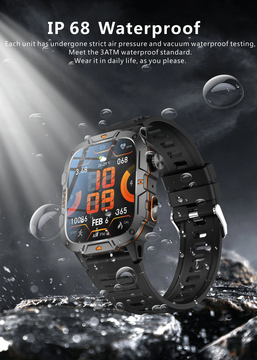 2026 New Military Grade Smart Watch Men 1.96" AMOLED Screen 5ATM Waterproof Sports Fitness Tracker BT Call Smartwatch
