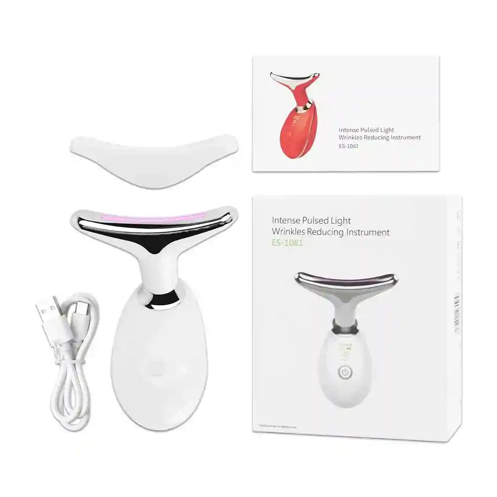 White and silver LED facial massager device with a T-shaped head, charging cable, and its product packaging box.