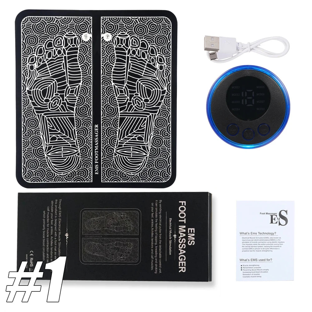 Black EMS foot massage mat with circular rechargeable controller, USB cable, and manual for sore foot relief.