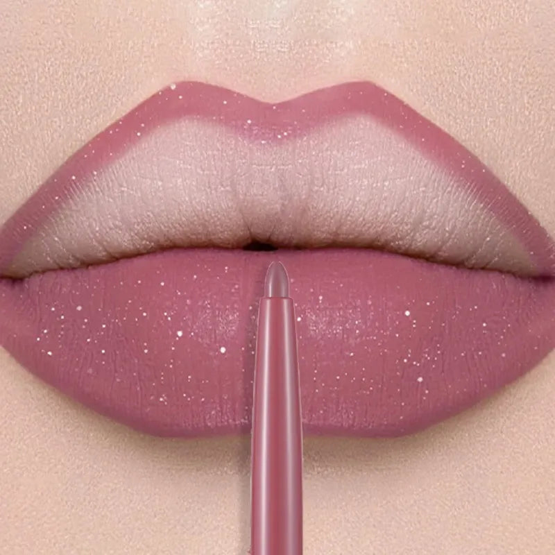 Matte mauve lip liner pencil applying long-lasting, waterproof, velvet-finish color to lips with a smooth crayon tip.