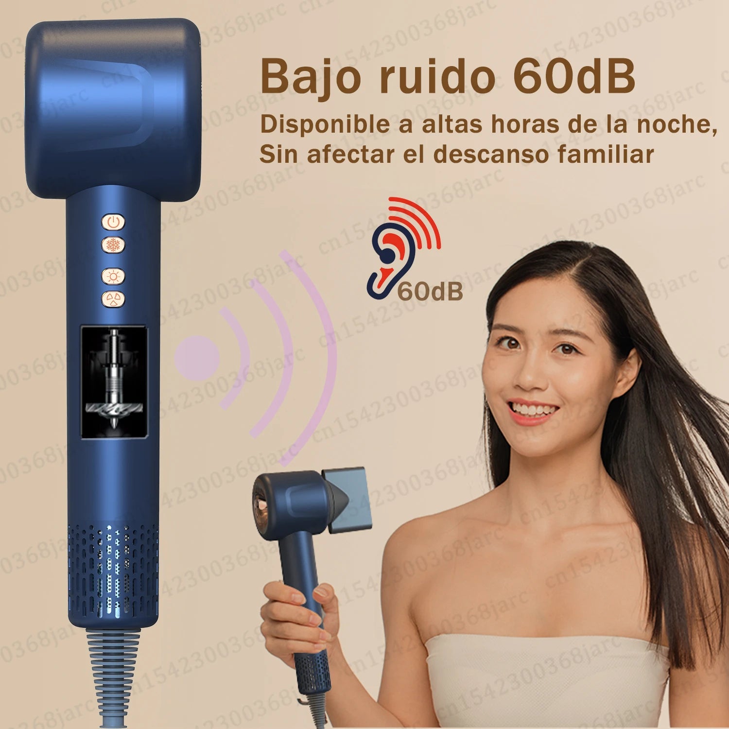 Blue professional negative ion leafless hair dryer with styling attachments for quiet, fast salon-quality hair drying.