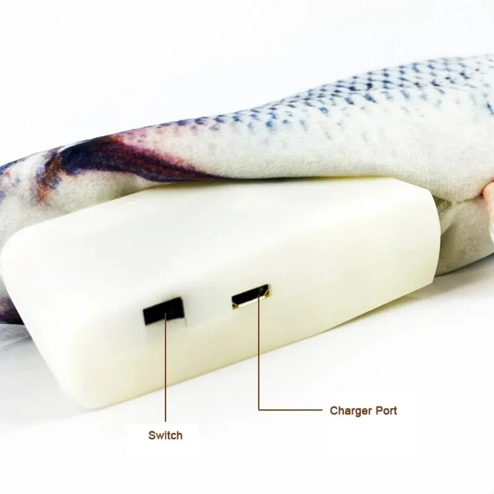 Soft plush interactive fish toy for cats and dogs with USB charging port and power switch for stimulating play.