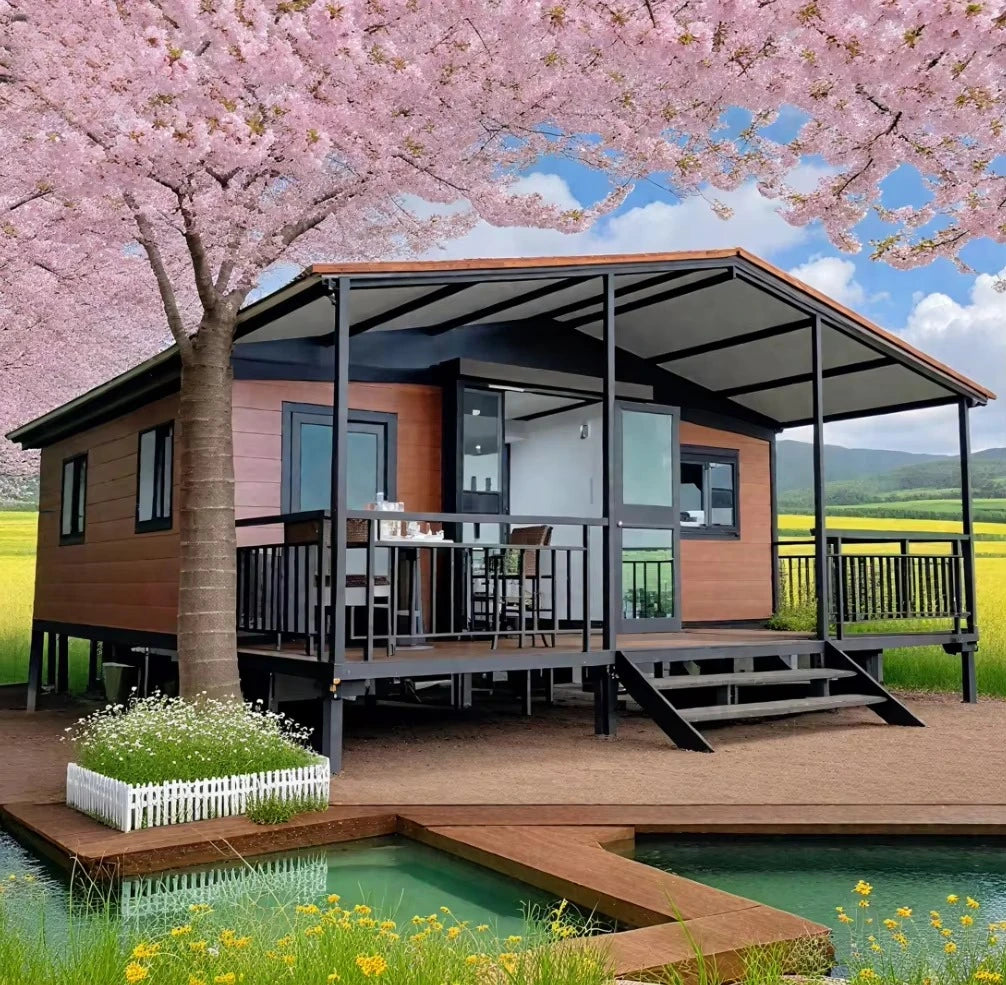 Covered deck prefab container house with railing and outdoor seating area
