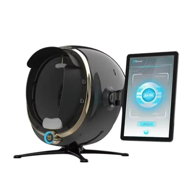Portable black 3D skin analysis machine with facial scanner, magic mirror, and digital tablet for skin health testing.