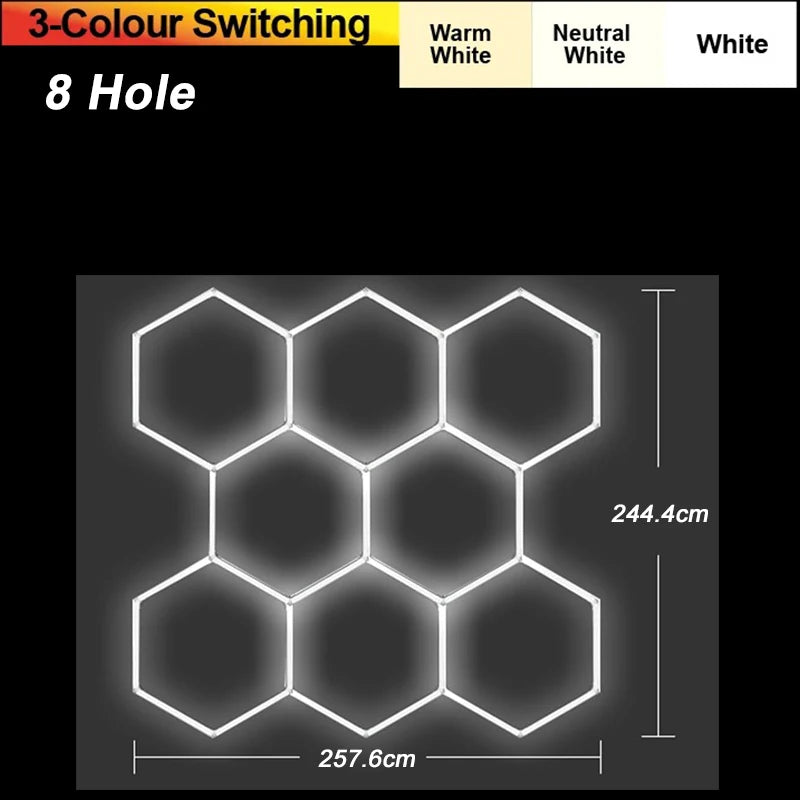 8-hole hexagon LED ceiling light layout diagram with 3-color switching