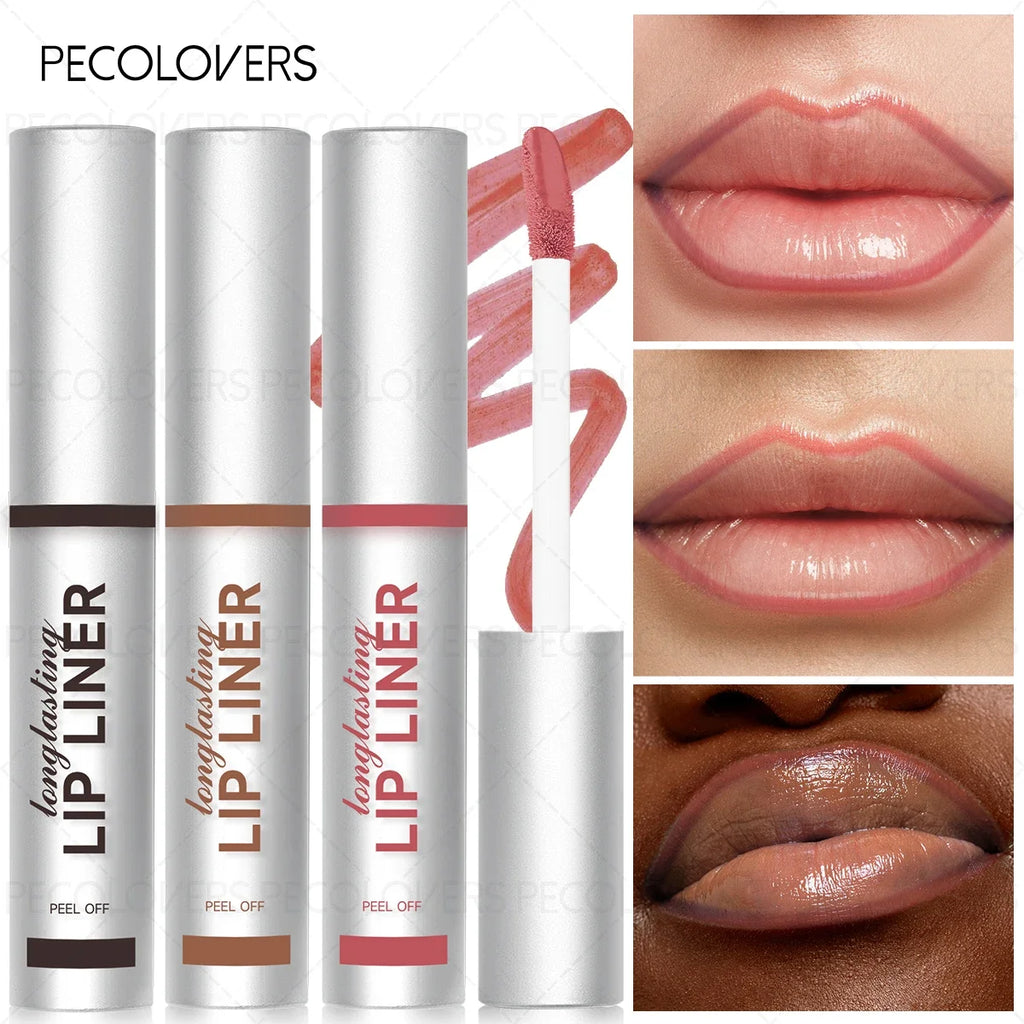 Waterproof matte peel-off lip liner tubes with doe-foot applicator, showing long-lasting lip contouring results.