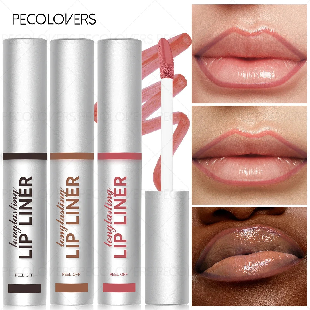 Waterproof matte peel-off lip liner tubes with doe-foot applicator, showing long-lasting lip contouring results.