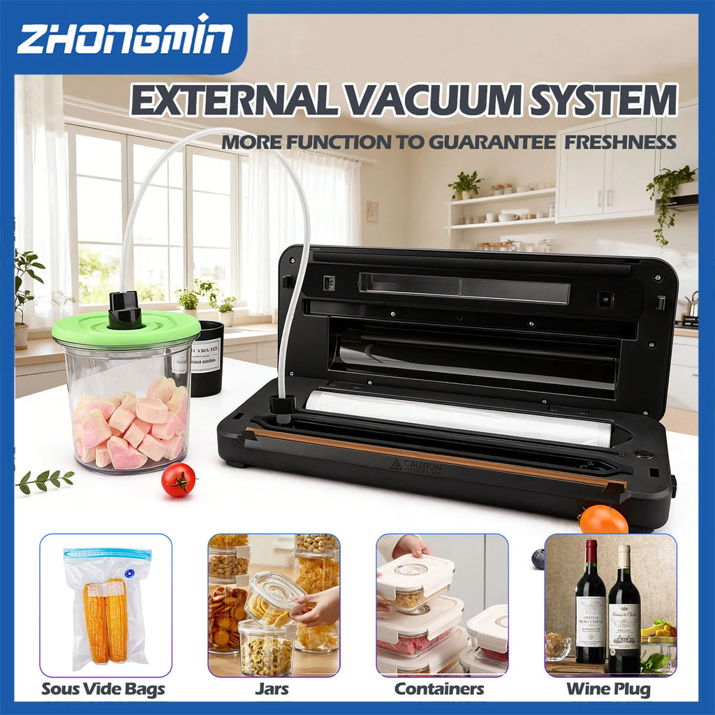 ZHONGMIN Multifunctional Vacuum Sealer Machine 110V Automatic Food Sealer with Built-in Cutter 5mm Dual Sealing Strong Suction