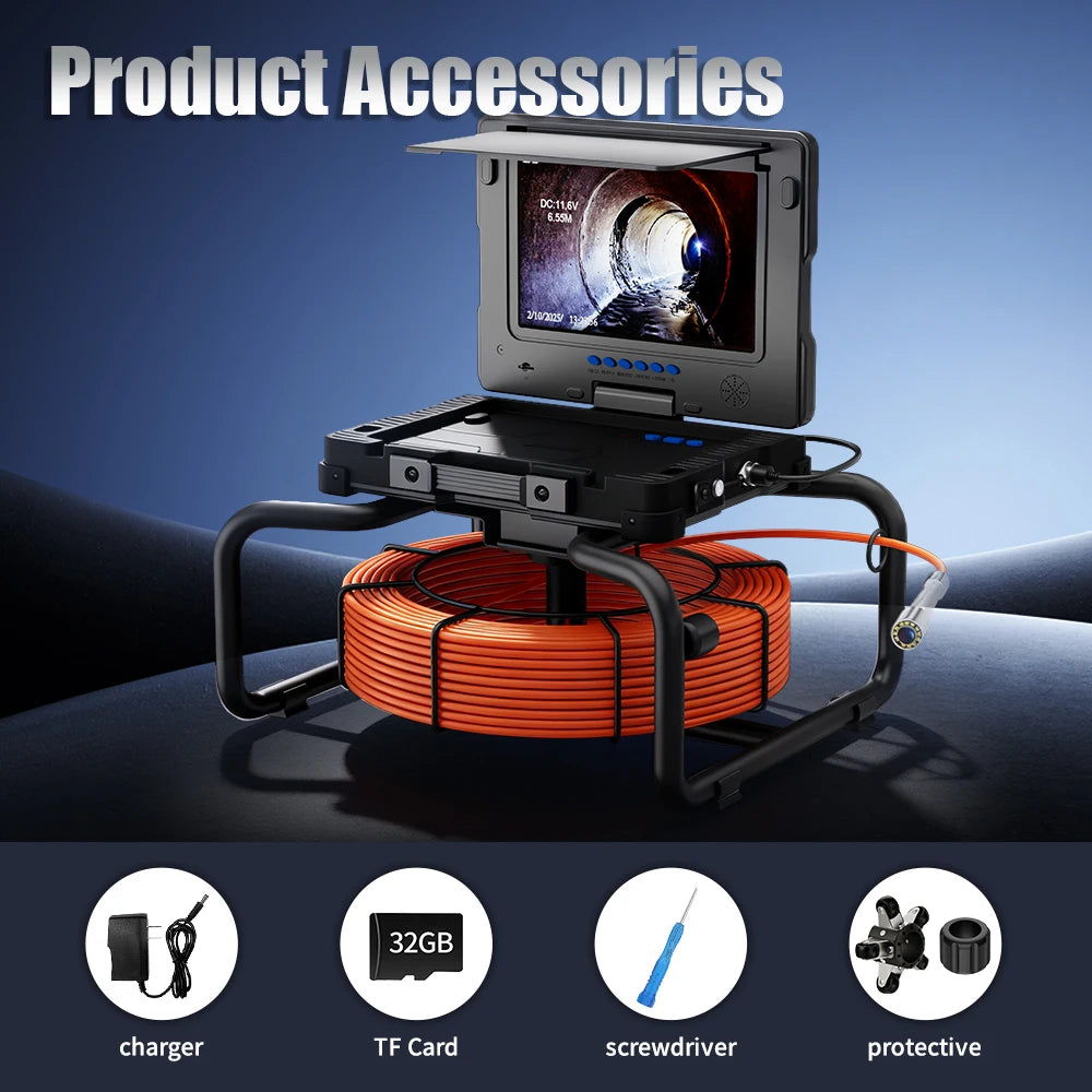 512Hz Self-Leveling Sewer Camera with Meter Counter,9"1080P DVR Drain Inspection Camera,7MM Diameter Cable 32GB TF Card 12 Leds