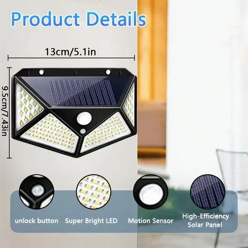 Black solar wall light with solar panel, bright LED strips, and round motion sensor