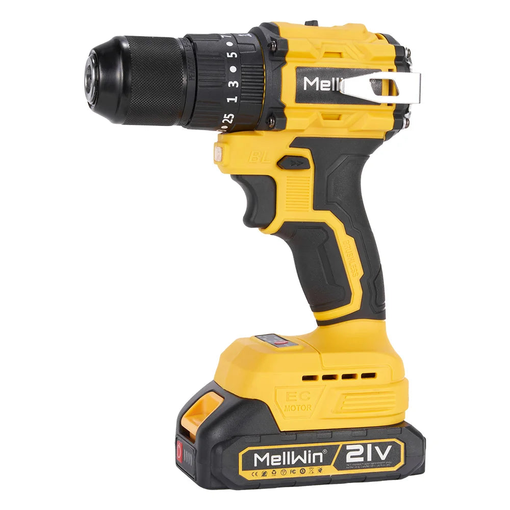 MELLWIN 13MM Brushless Electric Impact Drill 25+3 Torque Handheld Flat Drill Screwdriver Power Tools For Makita 18V Battery Pin