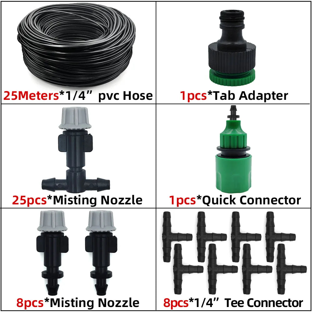 Misting system kit with 25m 1/4 PVC hose, misting nozzles, adapter and tees
