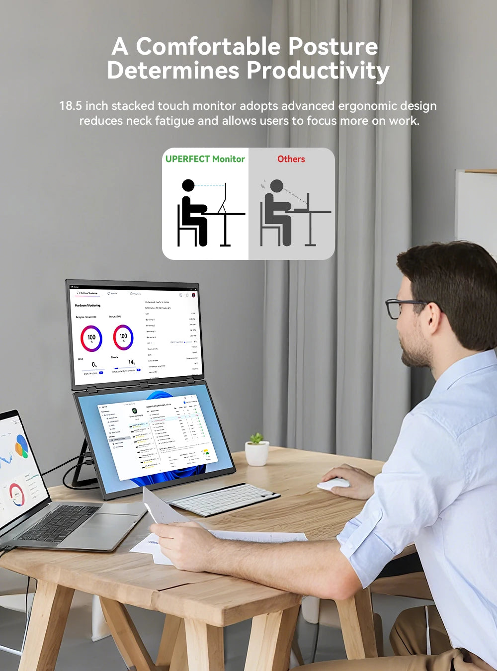 UPERFECT Delta Plus 18.5" 1080P 100Hz Folding Stacked Dual Portable Monitor USB-C HDMI Triple Laptop Screen Extender for PC Mac