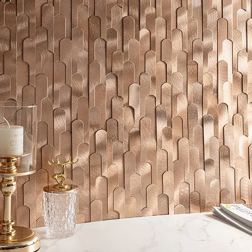 Bronze-brown metal mosaic arch peel-and-stick wall tile sticker sheet pattern